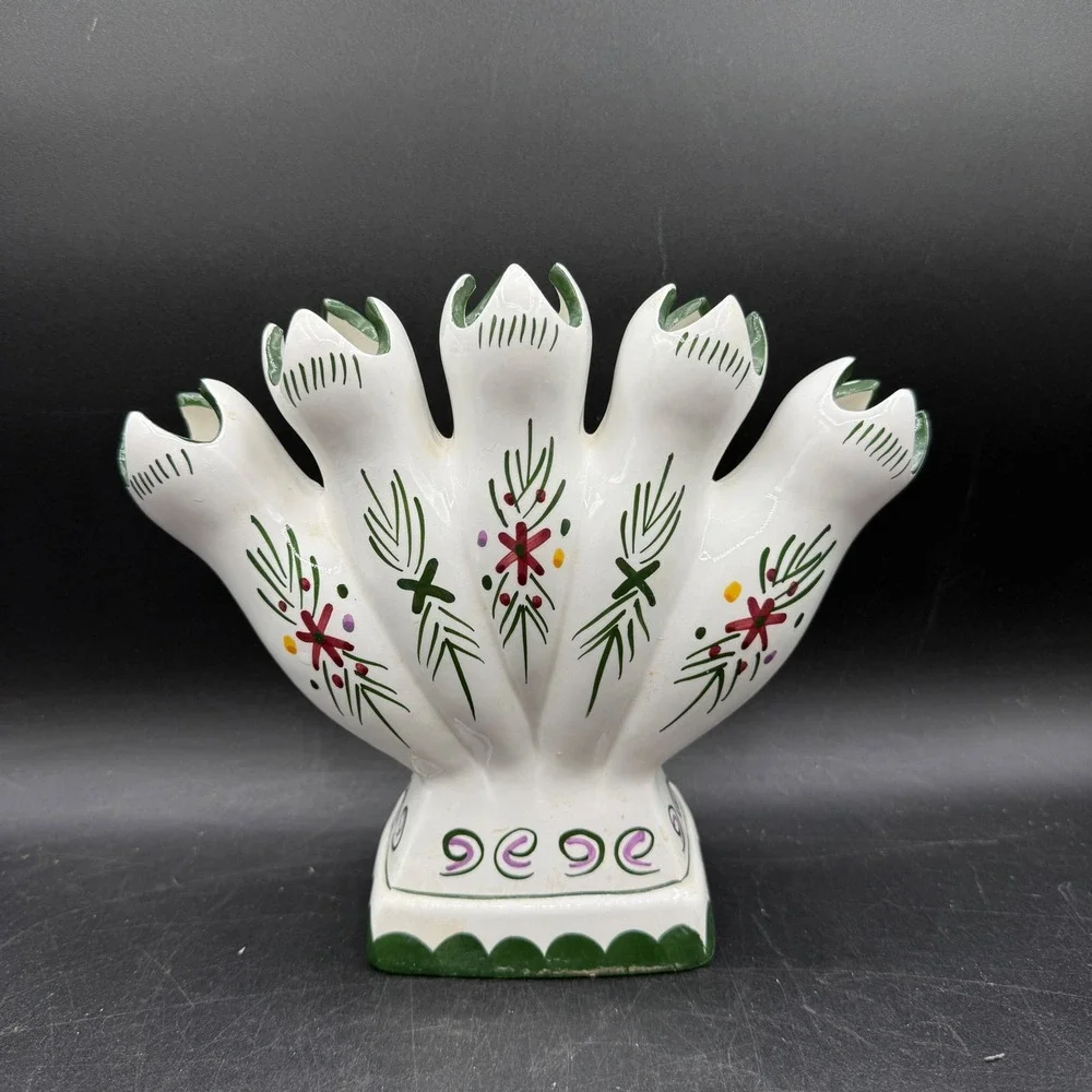 Vintage Ceramic Tulip 5 Finger Vase Hand Painted Floral White Green Portugal